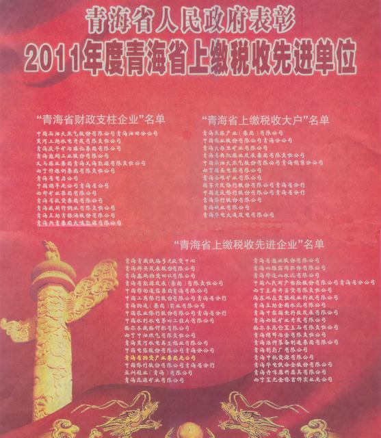物产集团荣获&ldquo;2011年度青海省上缴税收先进企业&rdquo;称号